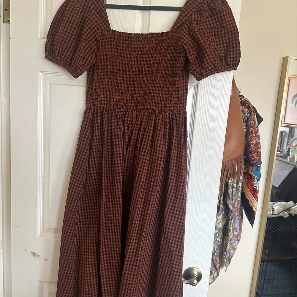 Burnt orange and navy blue midi dress - Picture 2 of 4